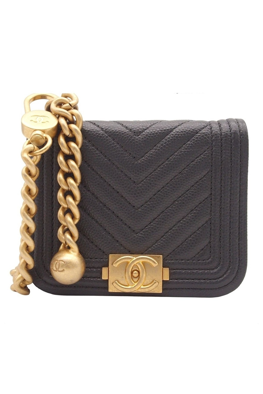 Chanel Chain Pouch Mini Boy Gray Gold Caviar Leather